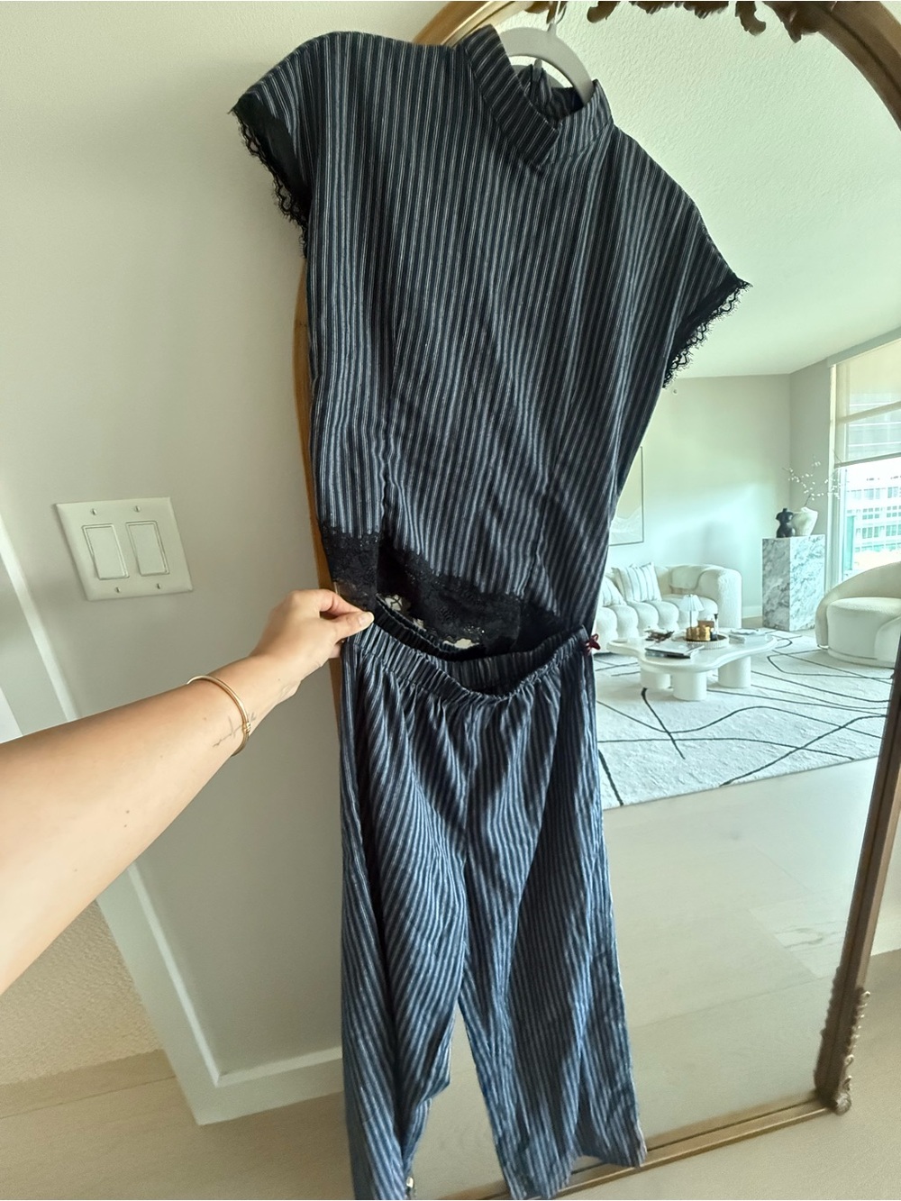 Striped Navy Jumpsuit with Lace Trim